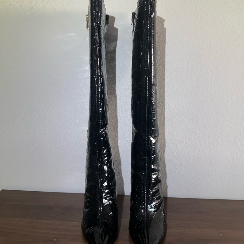 Black Croc-Embossed Knee-High Boots
